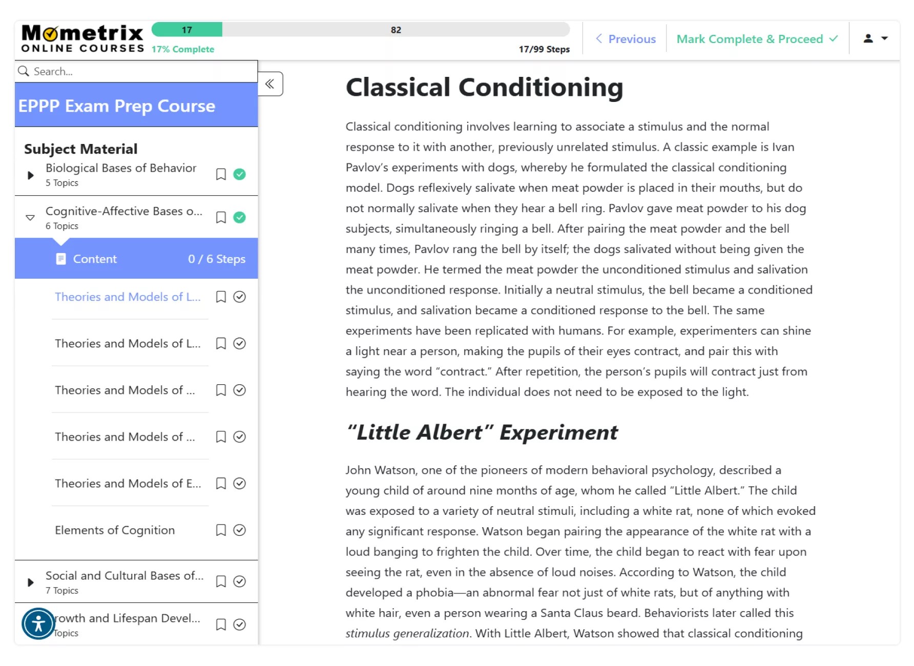 An authentic Mometrix EPPP online course lesson on classical conditioning.